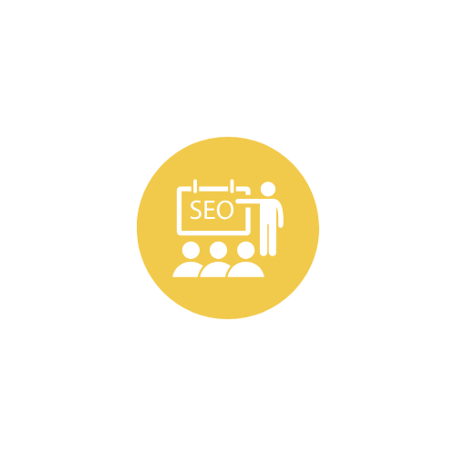 Icon Website optimieren Ein Lehrer präsentiert SEO-Strategien vor einer kleinen Gruppe von Personen auf gelbem Hintergrund.