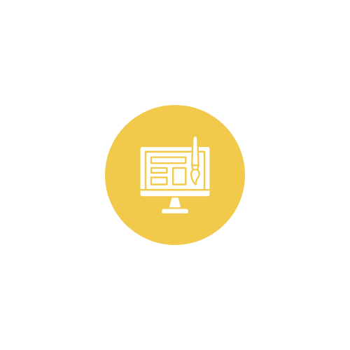 Icon Website gestalten Symbol eines Computers mit einem Stift, auf gelbem Hintergrund.