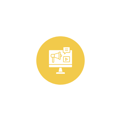 Icon Gesamtpaket Website erstellen Grafik eines Computers mit Megafon und Video-Labels in einem gelben Kreis.